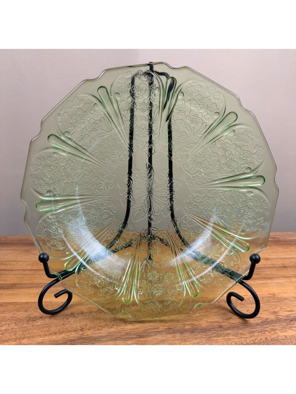 Jeannette Glass Uranium Green Cherry Blossom Bowl Vintage Depression Glass 7.75"